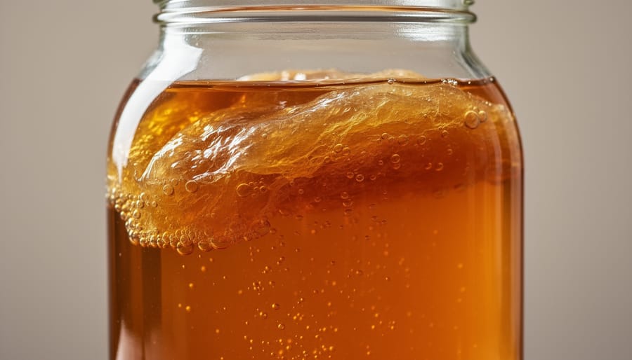 Close-up of a SCOBY floating in a glass jar of sweet tea with small bubbles around the edges