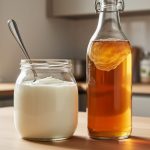 Close-up of homemade yogurt and kombucha fermenting in glass jars on a wooden countertop, with a SCOBY visible in the kombucha bottle.
