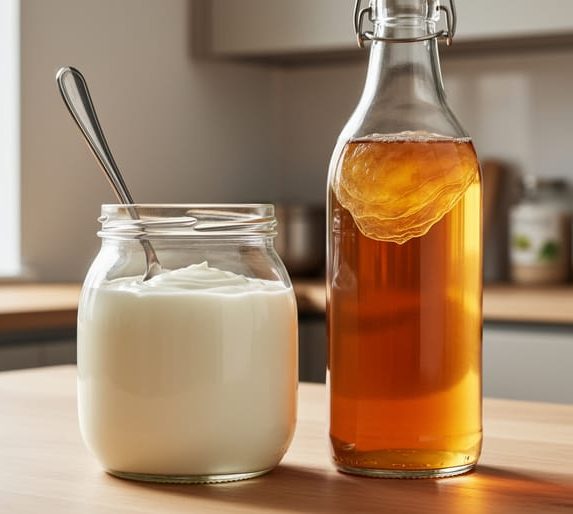 Close-up of homemade yogurt and kombucha fermenting in glass jars on a wooden countertop, with a SCOBY visible in the kombucha bottle.