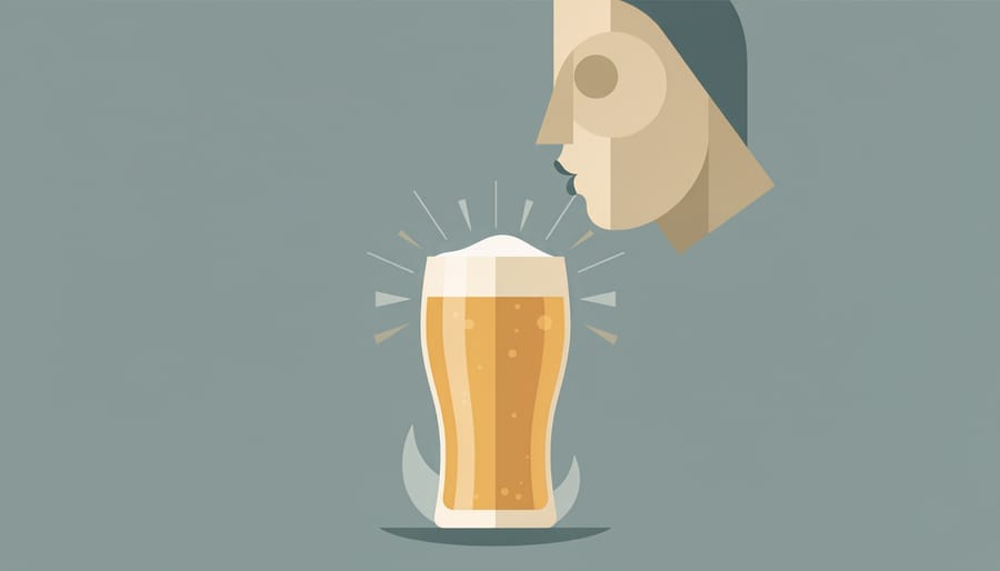 Person puckering slightly while holding a small glass of sour beer in a craft brewery