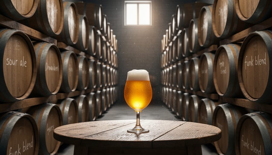 Low-angle view of a wooden oak barrel in a brewery cellar with warm light and visible wood texture