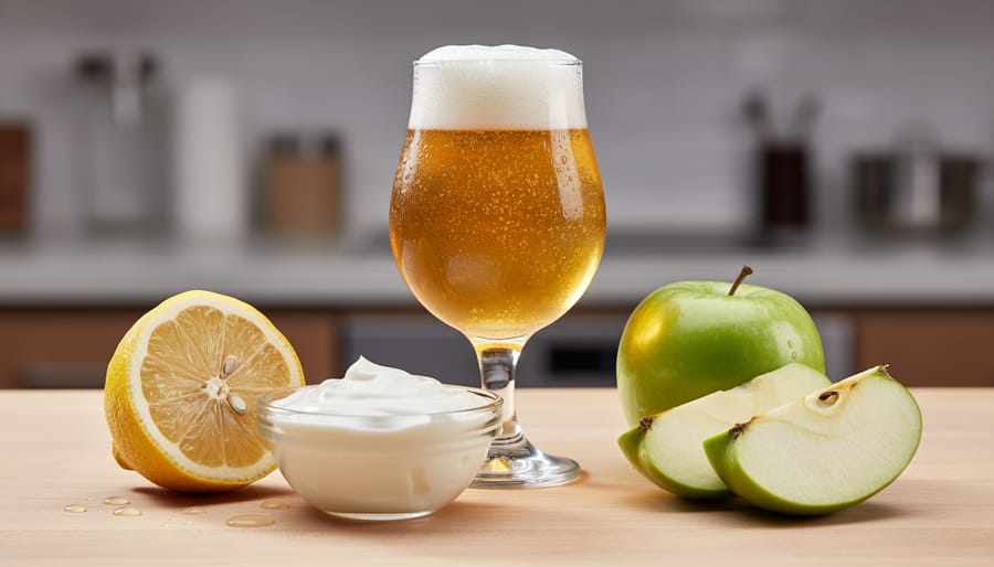 Sour beer glass next to yogurt and sliced green apples on a table