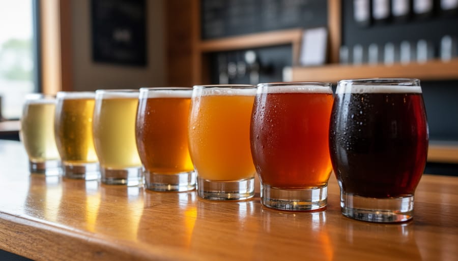 Three sour beer glasses with different colors and condensation on a wooden tasting table