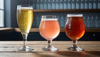Three sour beer glasses in different colors with visible carbonation and condensation on a wooden tasting table, photographed in a dim taproom setting.