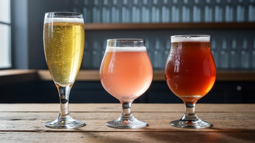 Three sour beer glasses in different colors with visible carbonation and condensation on a wooden tasting table, photographed in a dim taproom setting.